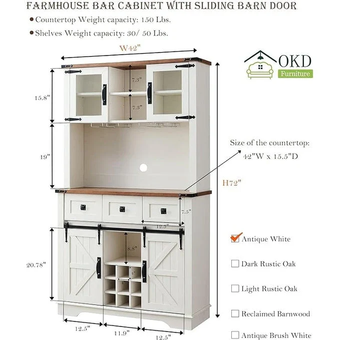 Farmhosue Bar Cabinet, Kitchen Buffet, Coffee Bar Sideboard Table
