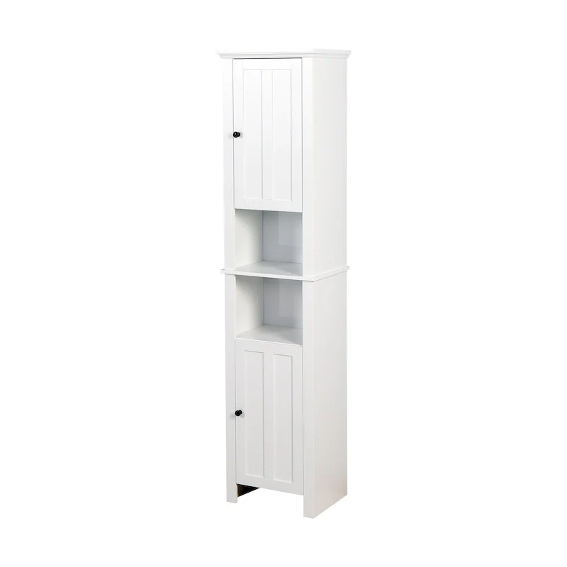 White MDF Tall Slim Freestanding Cabinet with 2 Doors, 6 Shelves & 2 Open Sections