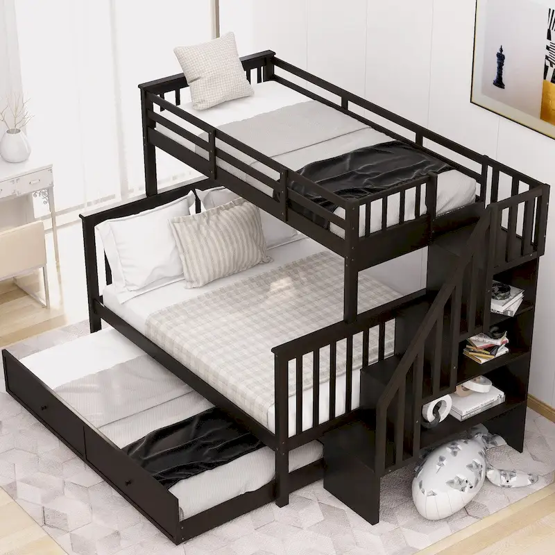 Espresso/Grey/White Stairway Twin-Over-Full Bunk Bed with Trundle & Storage, Sleeps 3