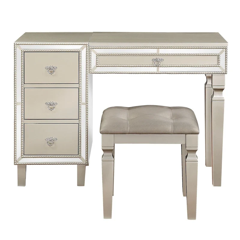 Poundex Wooden Makeup Vanity Set with Lift-up Mirror and Stool - Desk 43  x 18  x 30~47 H, Stool 18  x 16  x 18 H