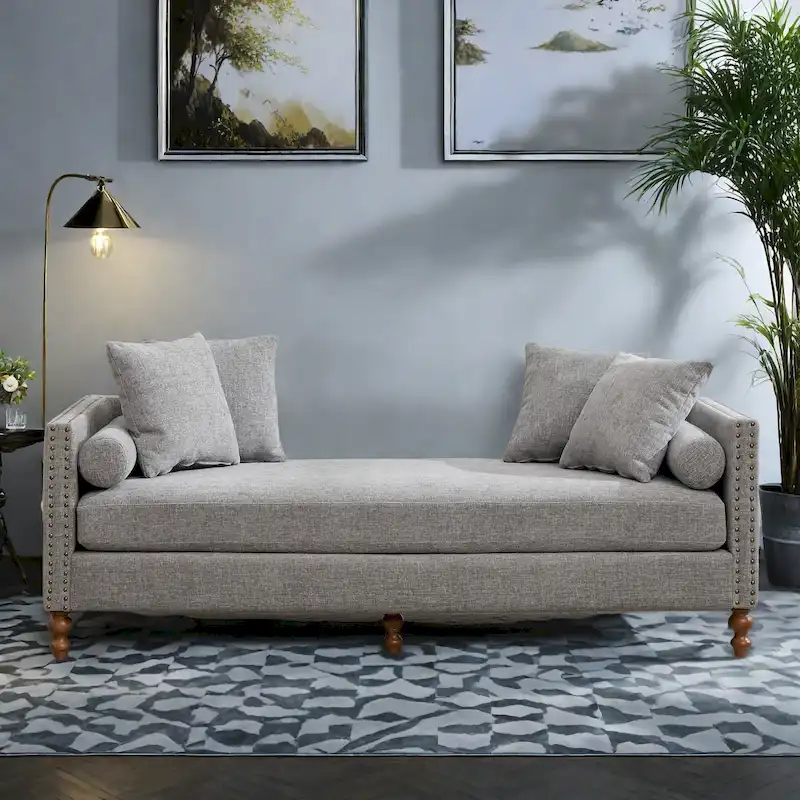 Gray / Beige / Taupe Chenille Chaise Lounge with Brass Nailheads and Walnut Legs – 2 Person