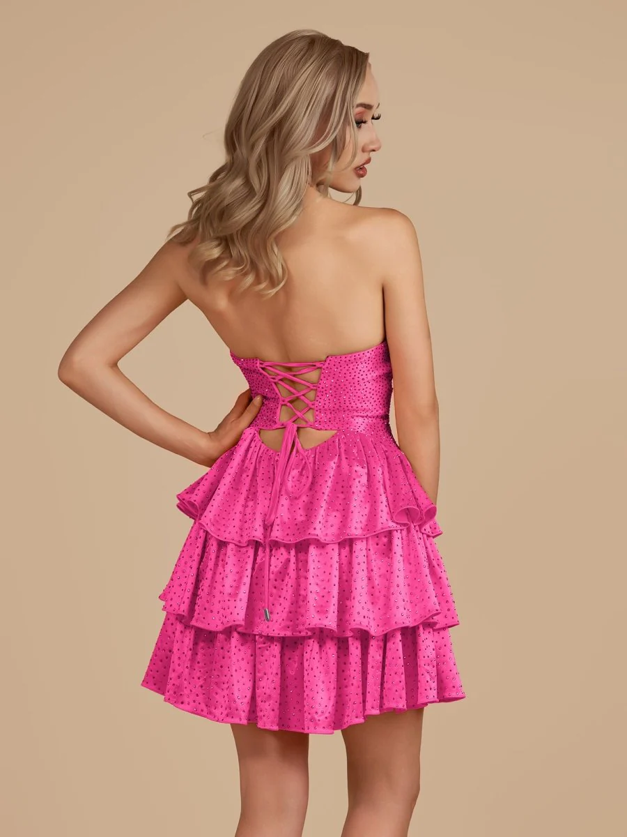 Hot Pink - A Line Sweetheart Satin Cut Out Ruffled Homecoming & Cocktail Dresses with Beads