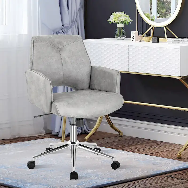Grey Mid-Back Tufted Faux Leather Office Chair with Adjustable Height & 5-Caster Base
