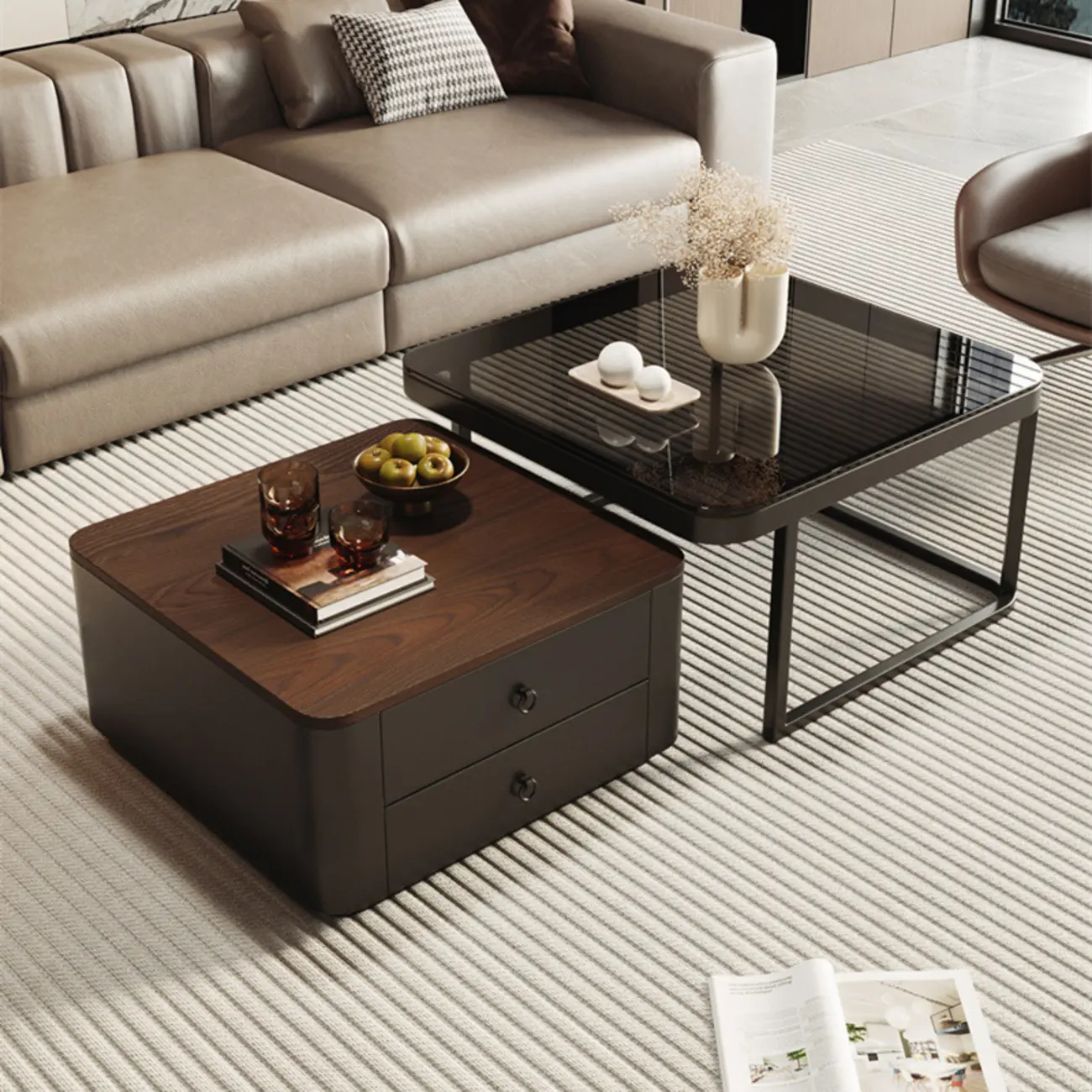 Modern Square Wood Stone Nesting Coffee Table