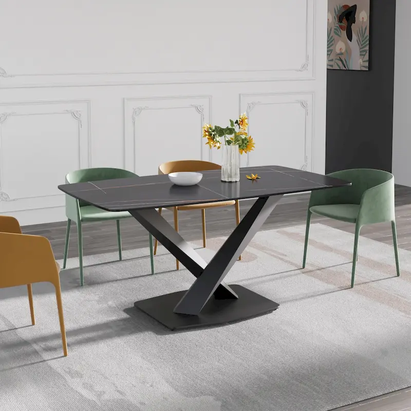 63 Modern Dining Table with Slate Stone Top and Metal Legs, Marble Dining Table