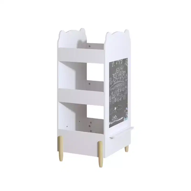 Homy Casa Kids Wooden Bear-Shaped Bookshelf with Chalkboard Side and 3-Tier Open Storage, White