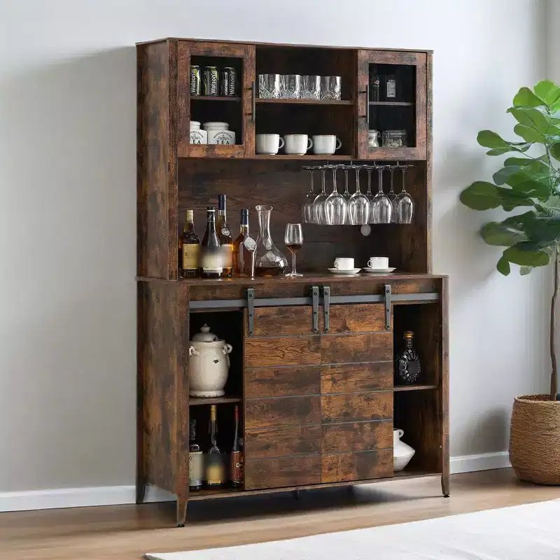70'' Tall Coffee Bar Cabinet, Freestanding Kitchen Pantry Cabinet with Wine & Glass Rack, Wood Kitchen Hutch Storage for Kitchen Living Room
