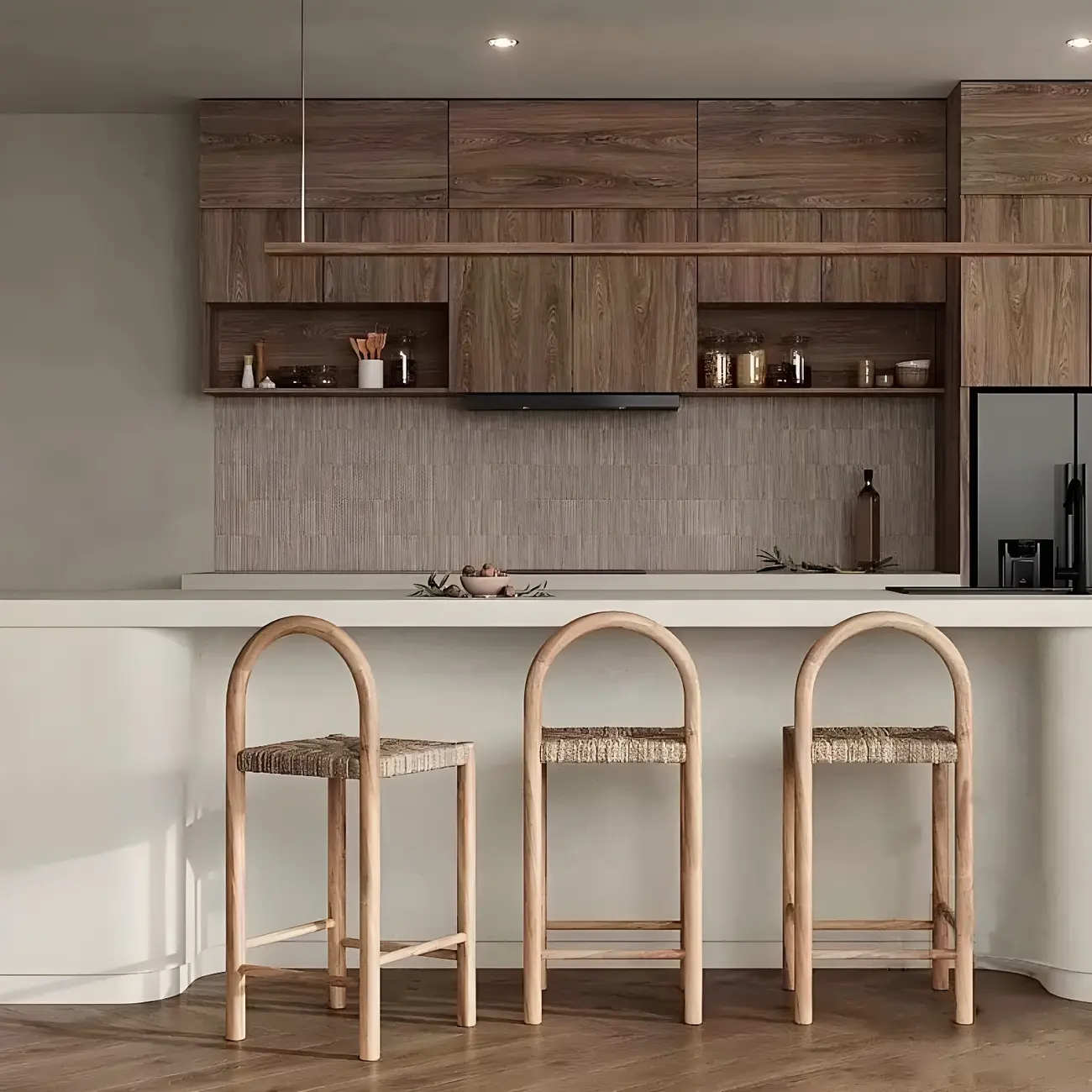 Rustic Wood Natural Rattan Bar Stool with Footrest