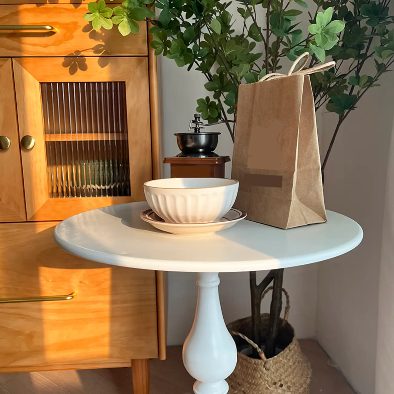 Classic Brown-White Wood Round Pedestal Chairside Table
