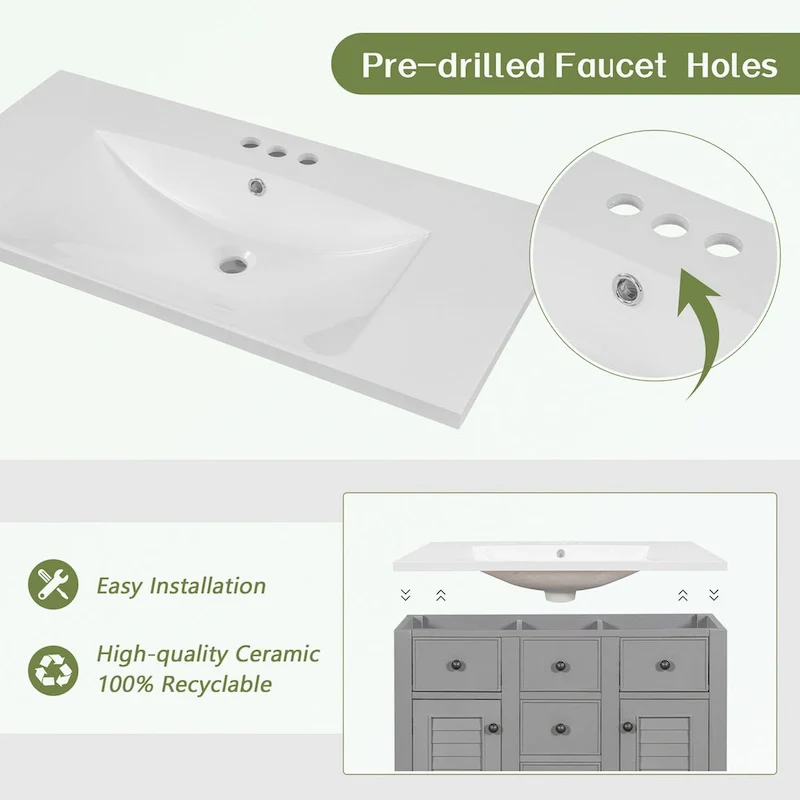 Bathroom Vanity with Ceramic Basin, Two Cabinets and Five Drawers