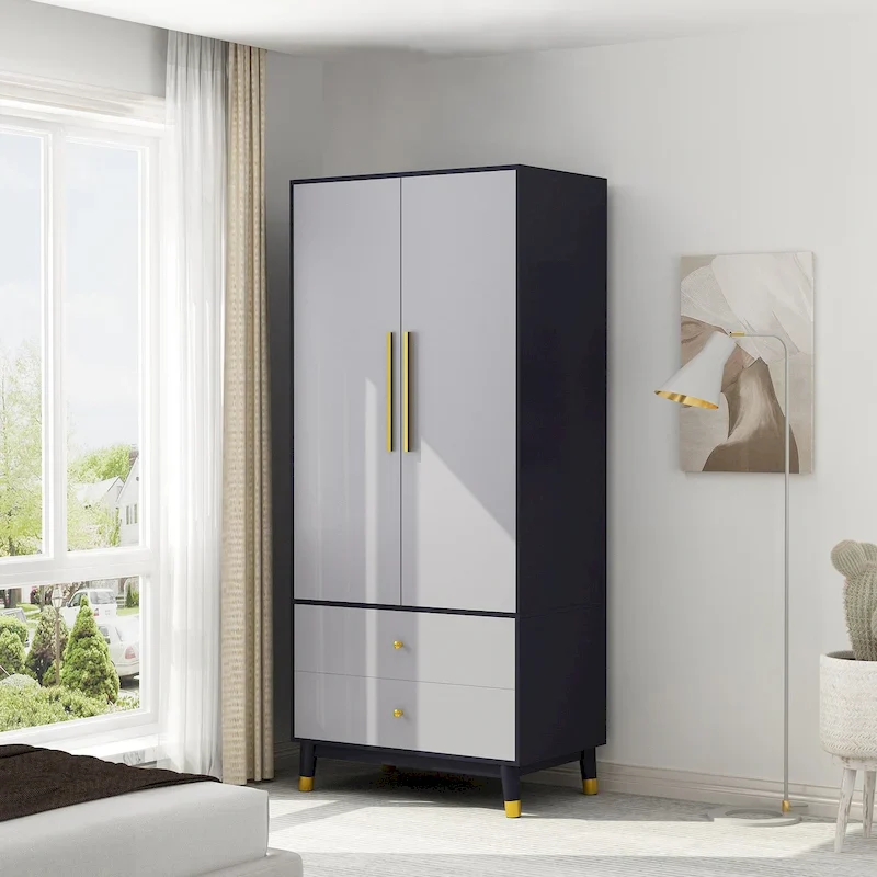 Wood 2-Door Wardrobe Armoire with 2-Drawers