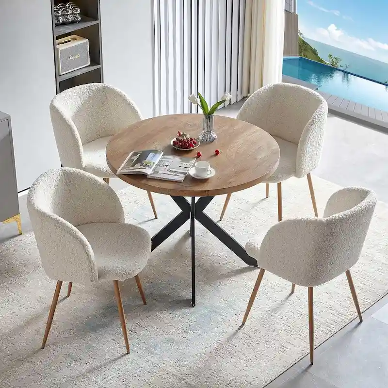 Round Dining Table Set with Sherpa Arm Chairs, Space Saving