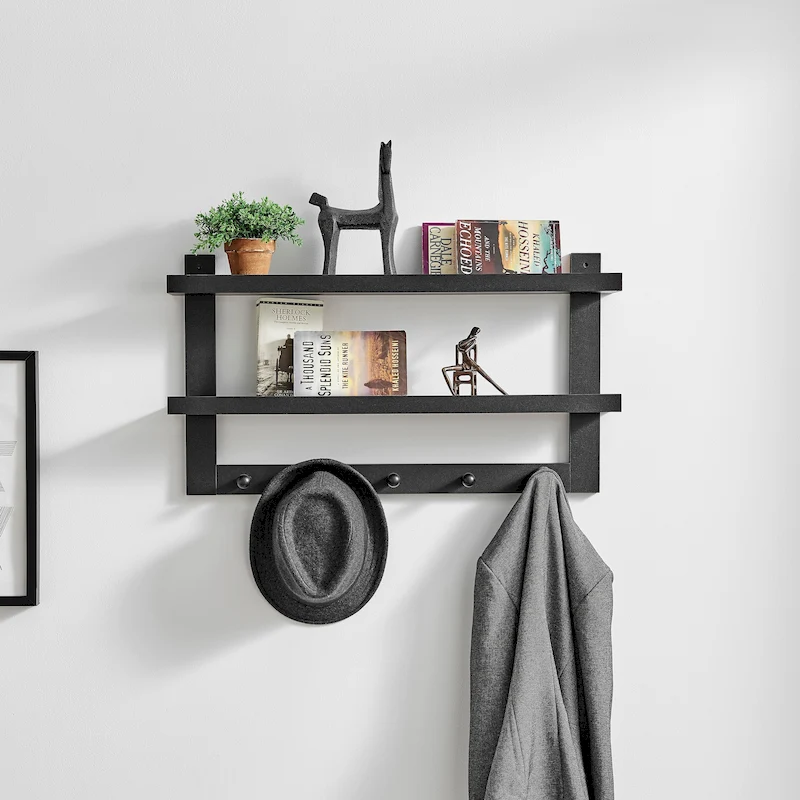 Danya B. 2-Tier Wall Shelf with 5 Hanging Hooks - Entryway or Bathroom
