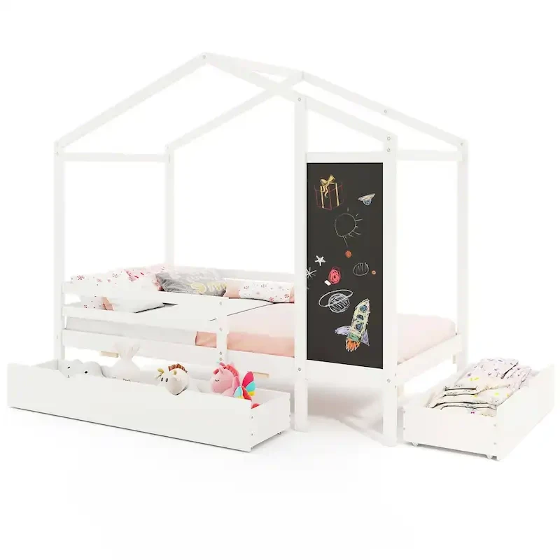 White/Grey Twin House Bed with Blackboard & 2 Storage Drawers – For 1 Child