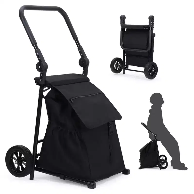 2-in-1 Collapsible Utility Hand Cart, Rolling Trolley W/ 32.5 Gal Waterproof Bag, Cushioned Seat & Adjustable Handle for Groceries, Laundry, Travel