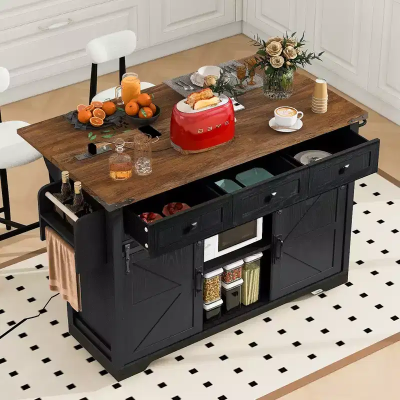 CLIHOME Farmhouse Kitchen Storage Island with Power Outlet, 2 Sliding Barn Door, Spice Rack, Rolling Kitchen Cart on Wheels