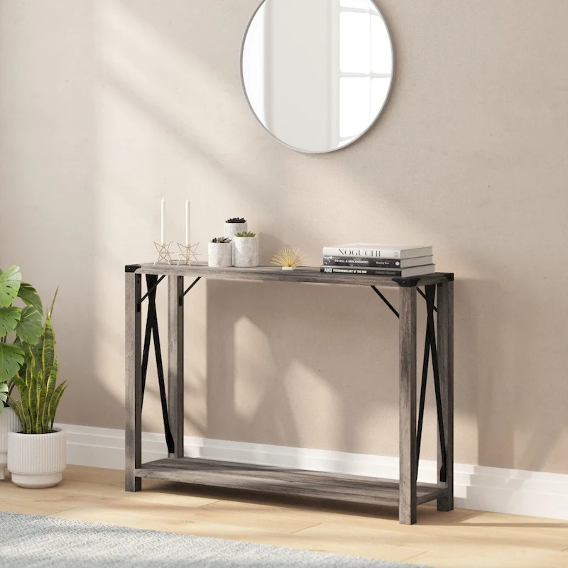 2-Tier Console Table with Metal Side Braces and Corner Caps