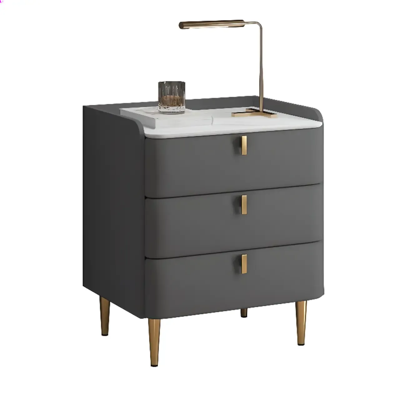Modern Leather Stone Top Gold Accents 3-Drawer Nightstand