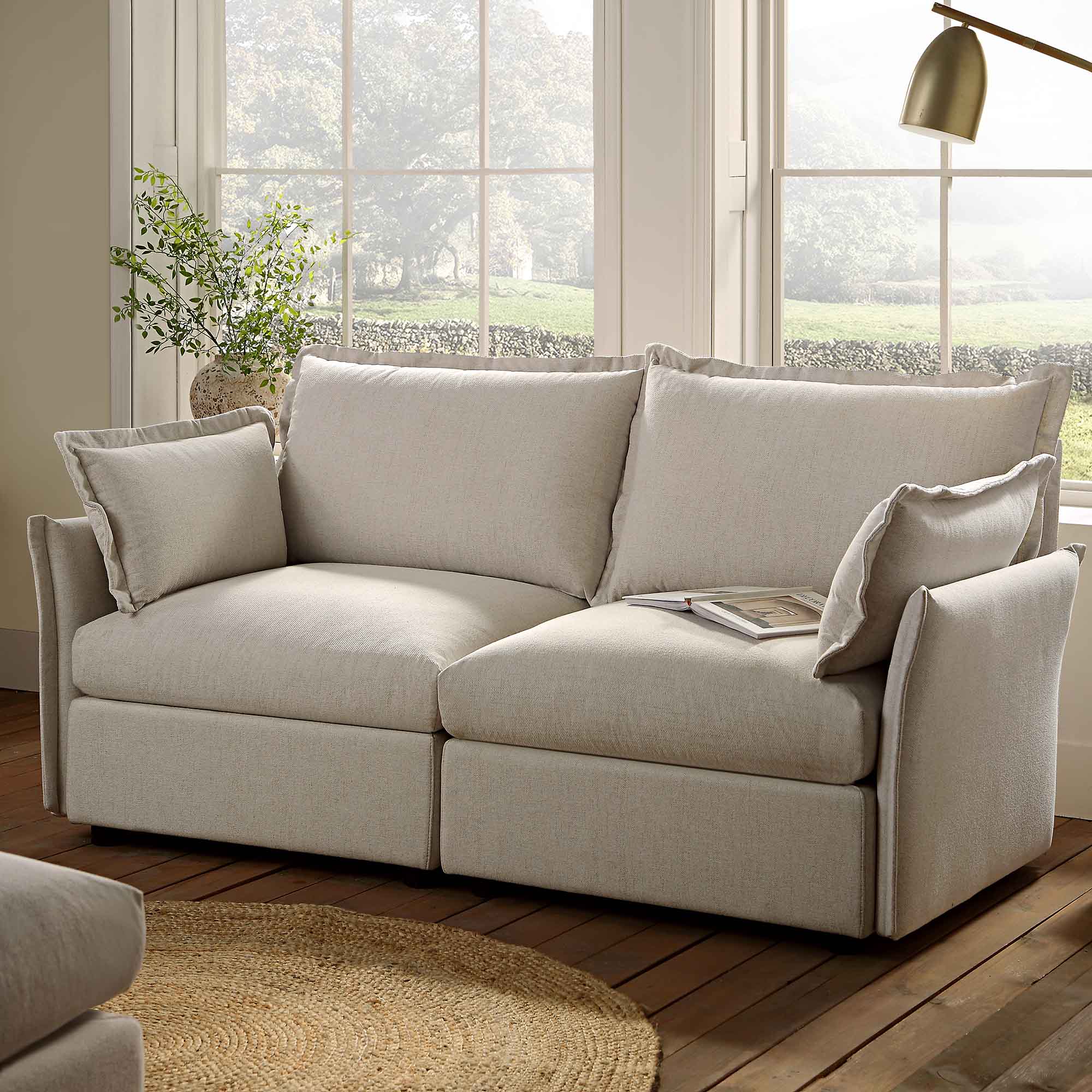 Pillow Edge Beige Fabric Sectional Sofa, 2-Seater