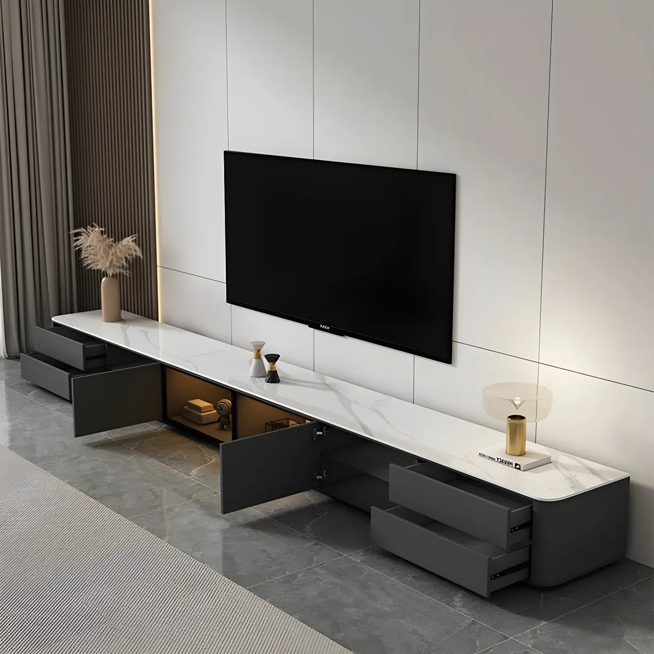 Living Room Grey Stone Long TV Stand with Drawers & Cabinet