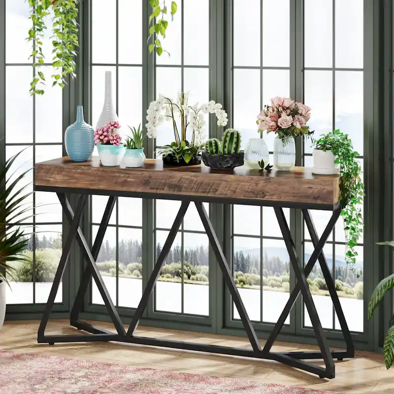 55 Inch Wood Console Table, Sofa Table Entryway Table with Unique Metal Legs