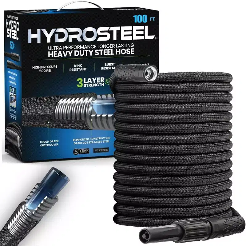 Hydrosteel Garden Hose 5/8-inch Heavy Duty 304 Stainless Steel 3-Layer Metal Water Hose
