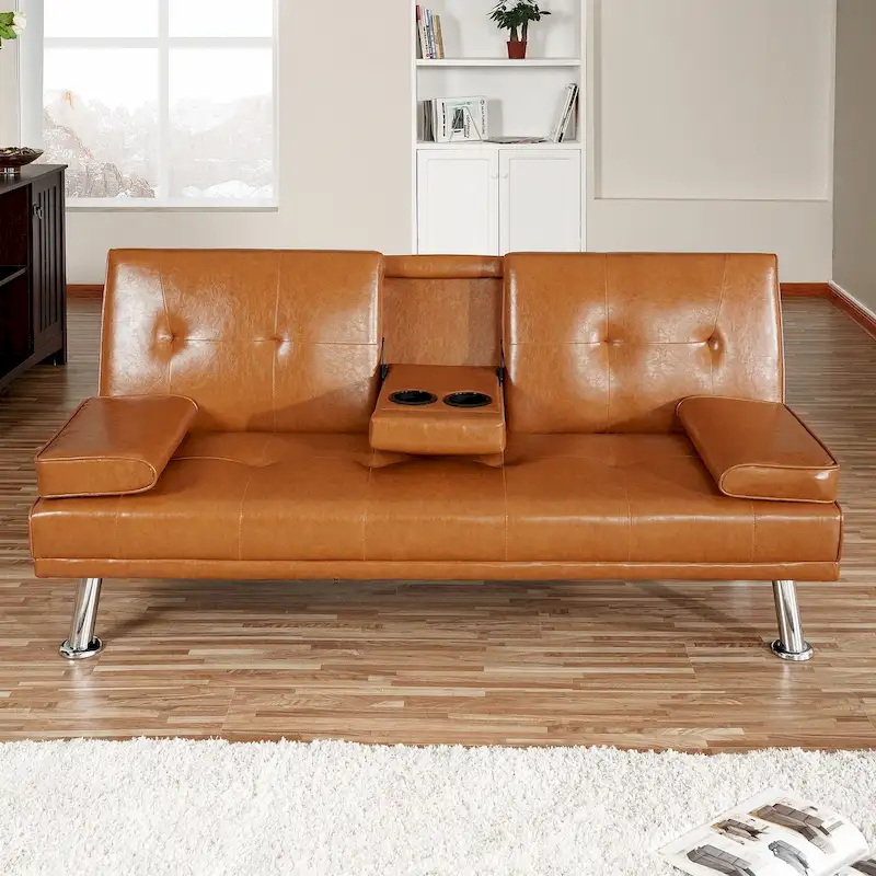 Faux Leather Futon Sofa Bed with Armrest and Cupholders, Convertible Folding Reclining Couch