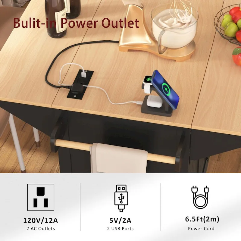 55.7 Kitchen Island with Drop Leaves, Rolling Cart with Power Outlet, Spice Rack, and 3 Drawers