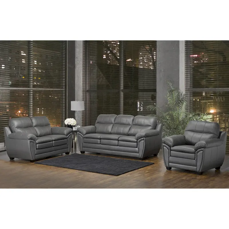 Marcus Premium Grey Top Grain Leather Sofa, Loveseat and Chair