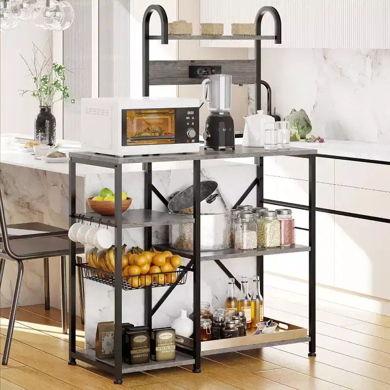 Celebalcony Kitchen Bakers Rack with Power Outlet, Multifunctional Organizer & Storage with 6 Hooks, Microwave Oven Stand, and Coffee Station