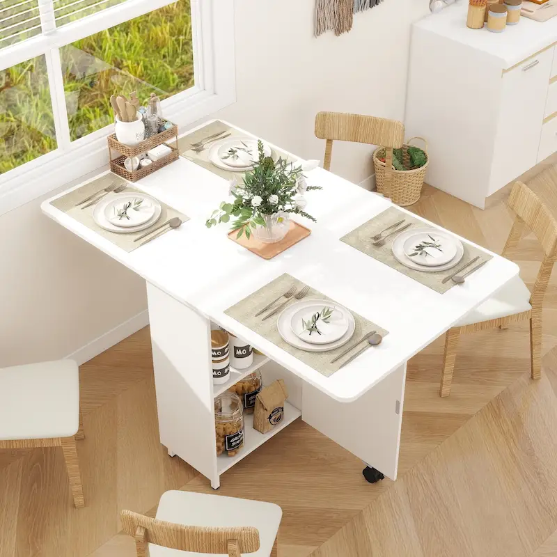 Modern Farmhouse Foldable Dining Table with Storage Cabinet