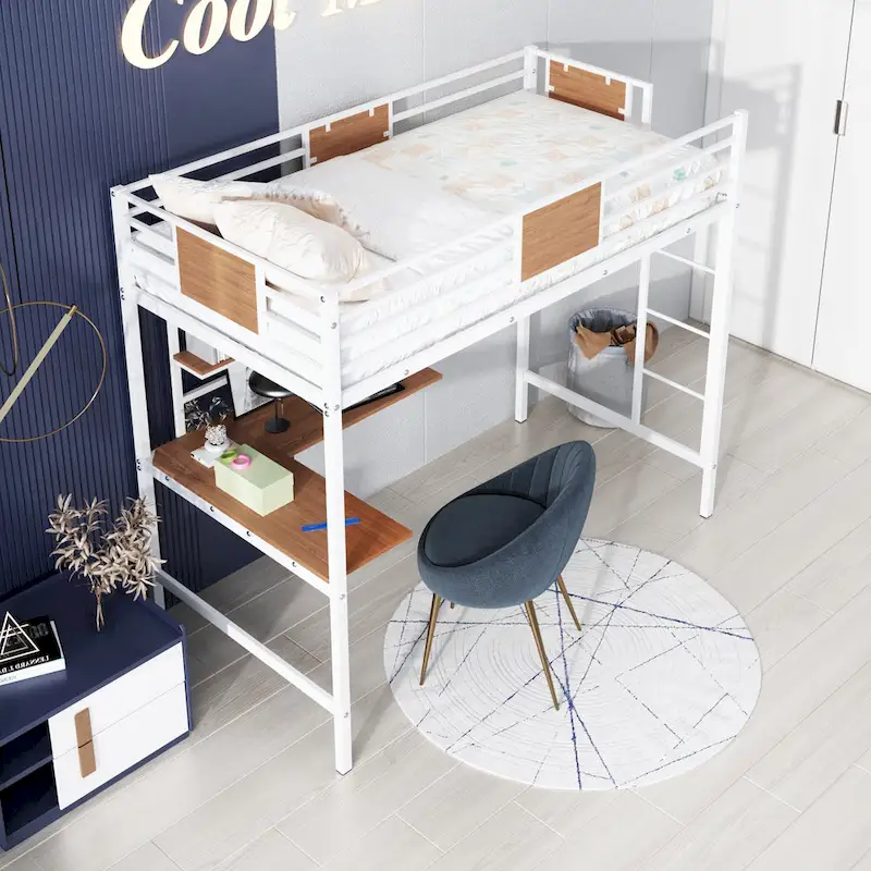 Twin Metal Loft Bed with Desk and Shelve