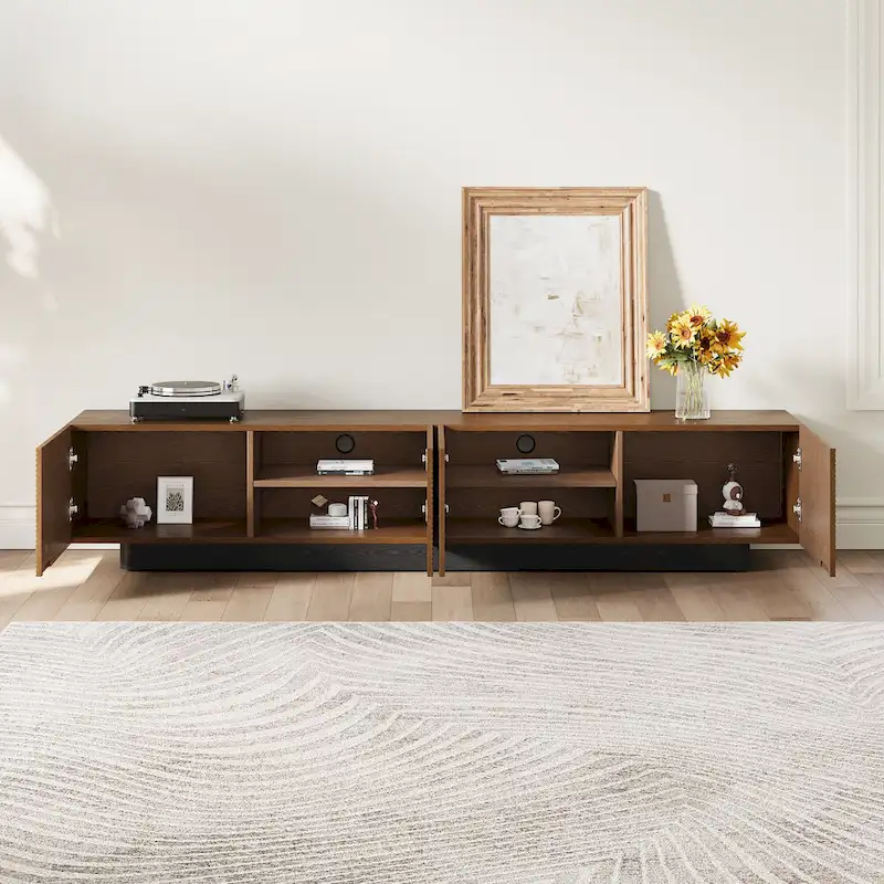 78.74 Mid Century Modern TV Stands, with Brown Solid Wood Veneer, Media Consoler with 4 Cabinets