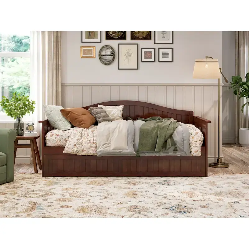 Twin Wood Daybed with Trundle - Beadboard Design, 600lbs Capacity, White/Walnut/Grey/Toffee, No Box Spring Needed