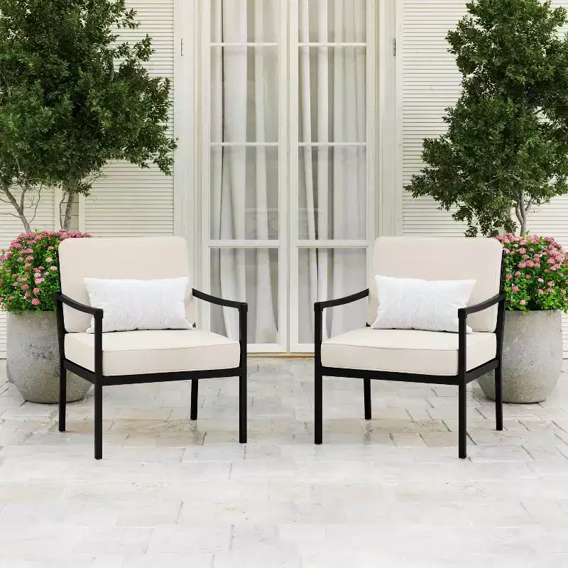 Martha Stewart Lily Pond Set of 2 Indoor-Outdoor Patio Accent Chairs with Steel Frames in Black with Cream All-Weather Cushions