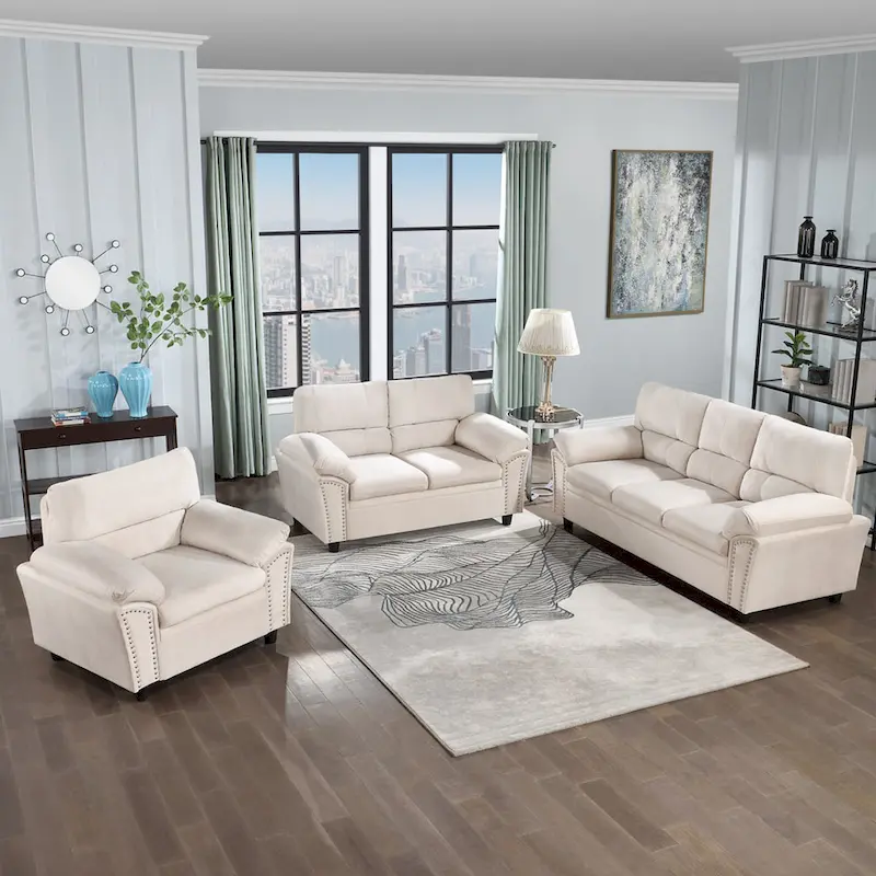 Mid-century Modern Upholstered Velvet Sofa Set with Armchair, Loveseat, 3-Seater Sofa