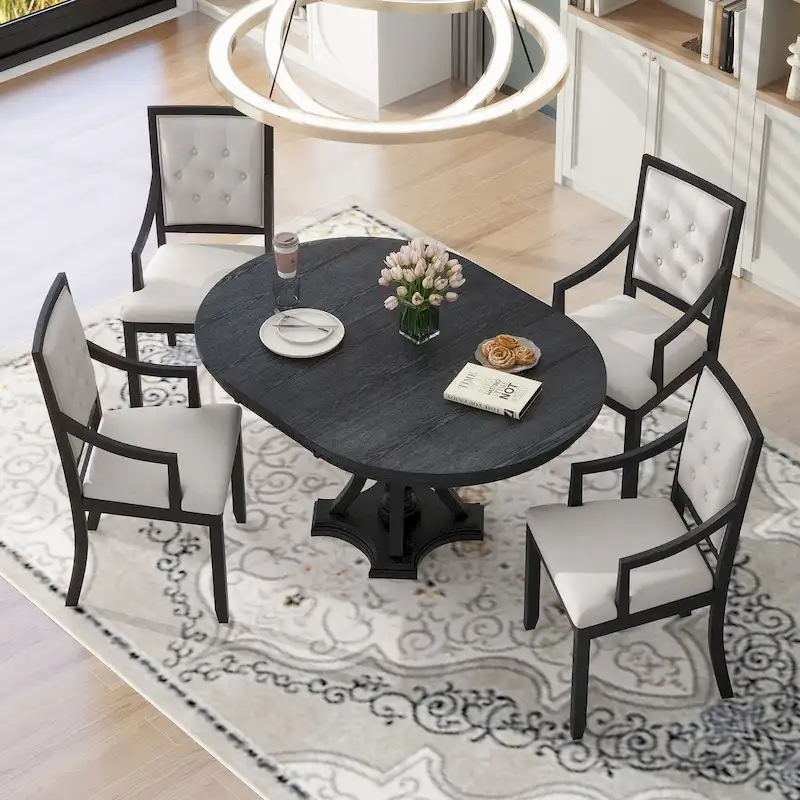 Retro 5-piece Dining Set with Extendable Round Table and 4 Chairs