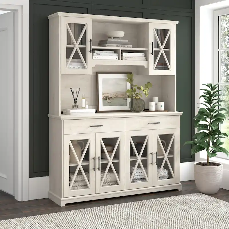 Linen White Oak 60W Farmhouse Sideboard Buffet Cabinet with Hutch, 1-Set