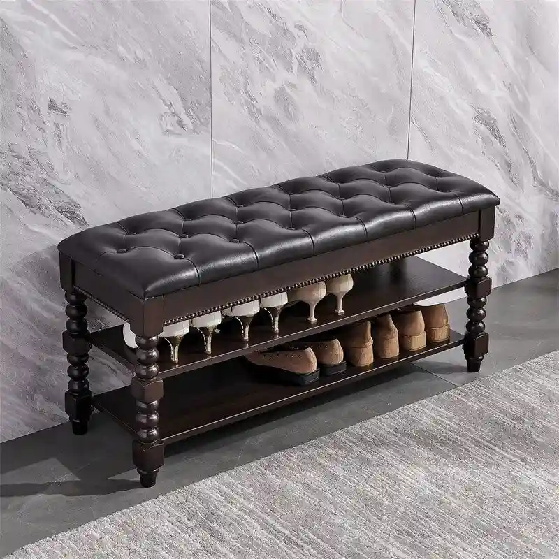 Upholstered Shoe Storage Bench with Flip-Top & 2-Tier Rack – Red Brown – 1-2 Person