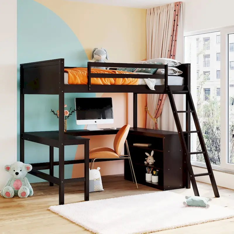 Full Size Loft Bed with Desk & Shelves, Espresso/White/Grey, 1-Person