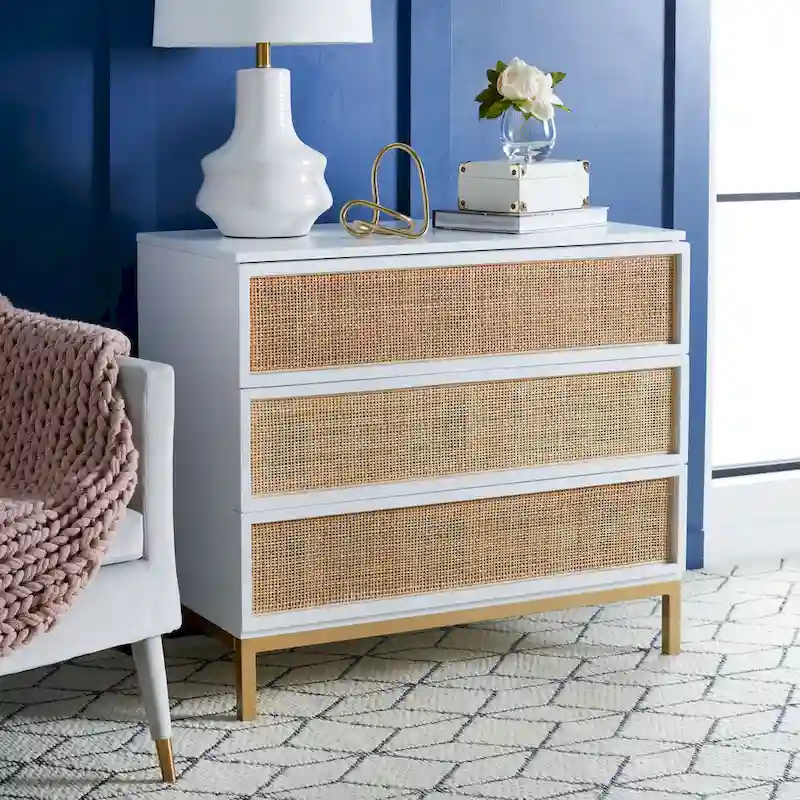 3-Drawer Chest, Woven Rattan Drawer Fronts, Parsons-Style Frame, Walnut / Black / White / Natural / Black & Gold, 1-Person Use