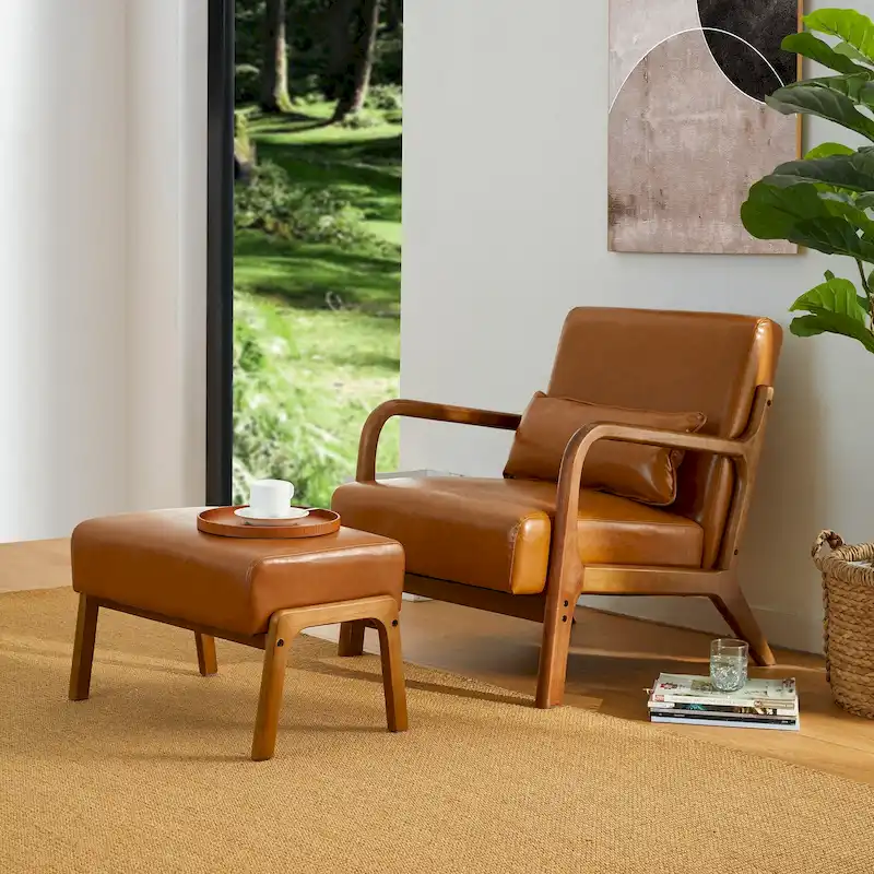 Glitzhome 30.75H Mid-Century Modern PU Leather Armchair Accent Chair with Pillow - 25.75W x 33.75D x 30.75H