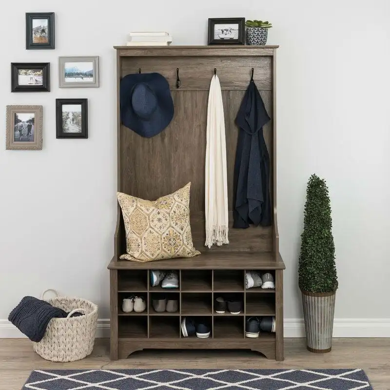 Grey Entryway Hall Tree Shoe Cubbie Coat Rack - 68 H x 38 W x 15.5 D