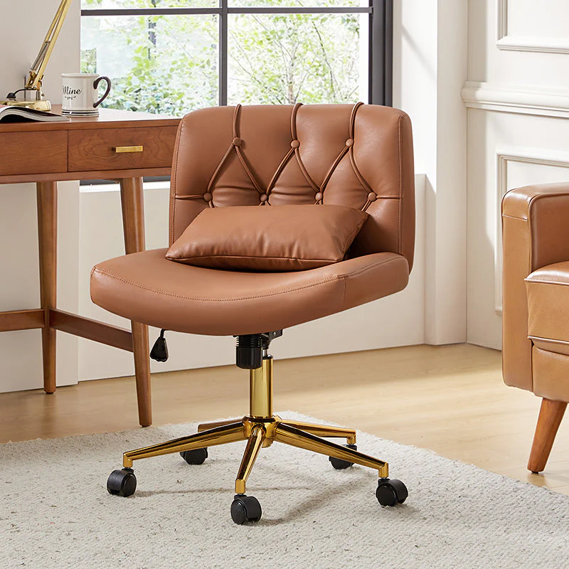 Armless Office Chair with Button-Tufted Back, Adjustable Height, Tilt & Swivel | Camel / Black / Tan / Blue | Single Seat
