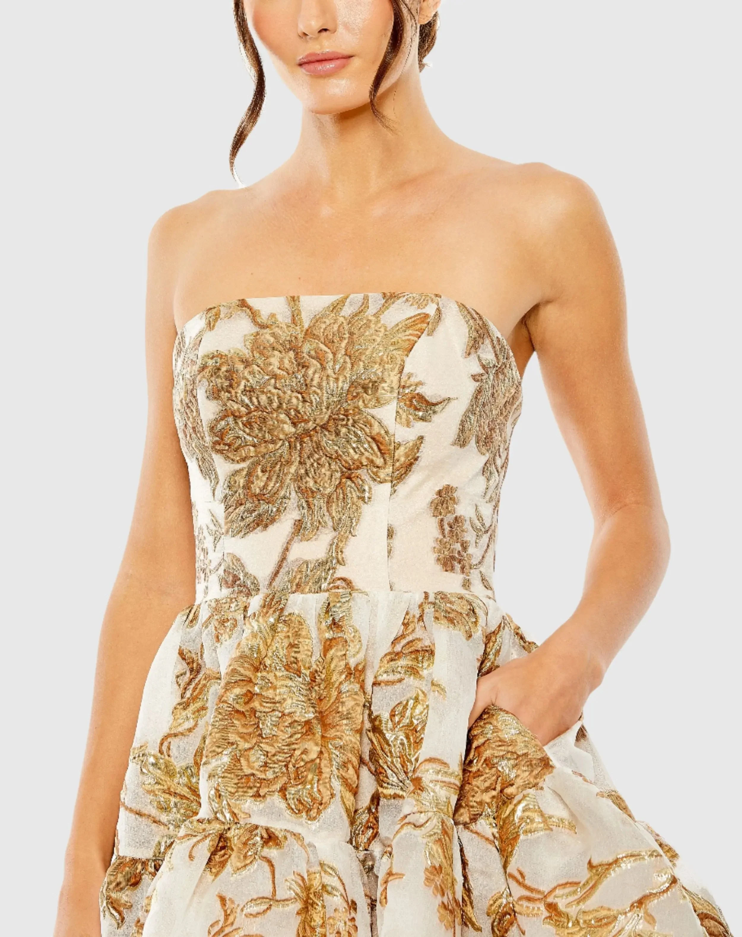 Gold Strapless Brocade Mini Dress with Pockets