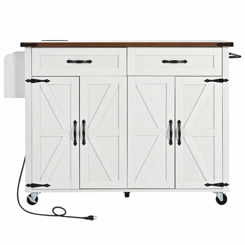 53.5 Farmhouse Kitchen Island - Power Outlet, Drop Leaf, Spice Rack, Drawer, Rolling Cart on Wheels