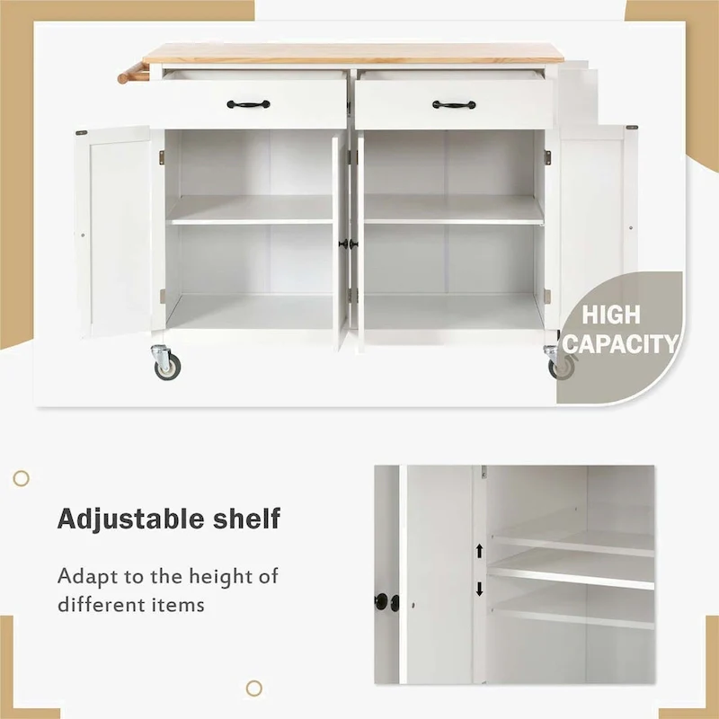 Kitchen Island Cart with Solid Wood Top and Locking Wheels