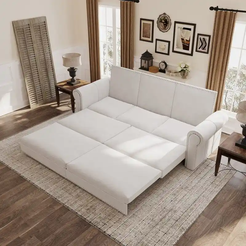 3-in-1 Chesterfield Sofa Bed, King Pull Out Sofa Bed, Velvet/Faux Leather Convertible Sleeper Sofa w/ Nailhead Trim & Rolled Arm
