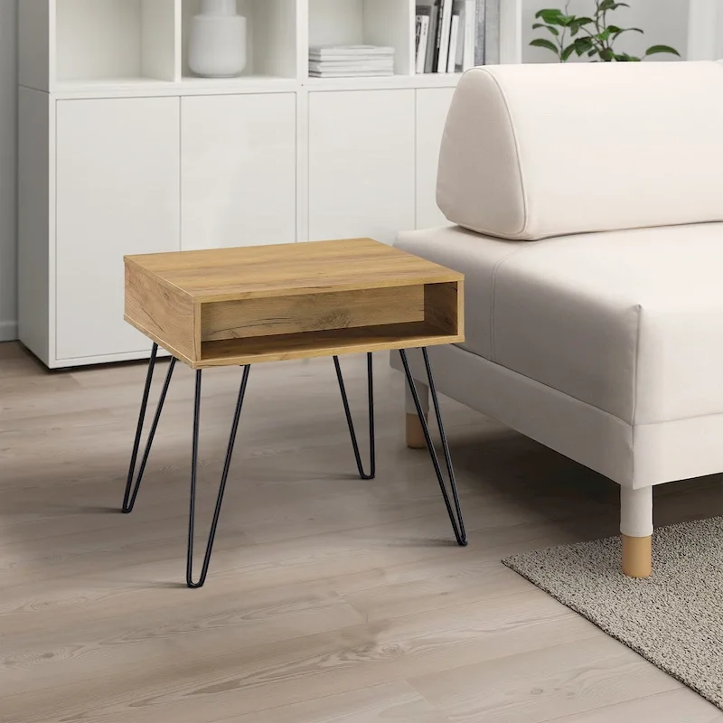 Brown Square Side End Table with Black Hairpin Legs, 1-Person Use
