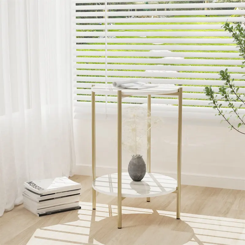 Gold / Black 2-Tier Round Marble Top Side Table with Iron Frame – Single